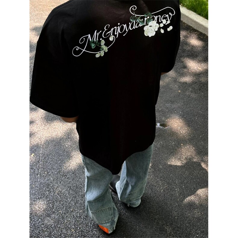 网图有货 夏季大M玫瑰花卉刺绣短袖T恤男女情侣纯棉上衣 A572-P35图片