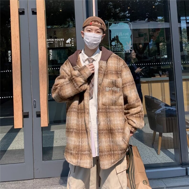 格子毛呢男秋冬季新款加厚日系复古潮牌痞帅宽松短款呢料外套,男装夹克,星座716-3