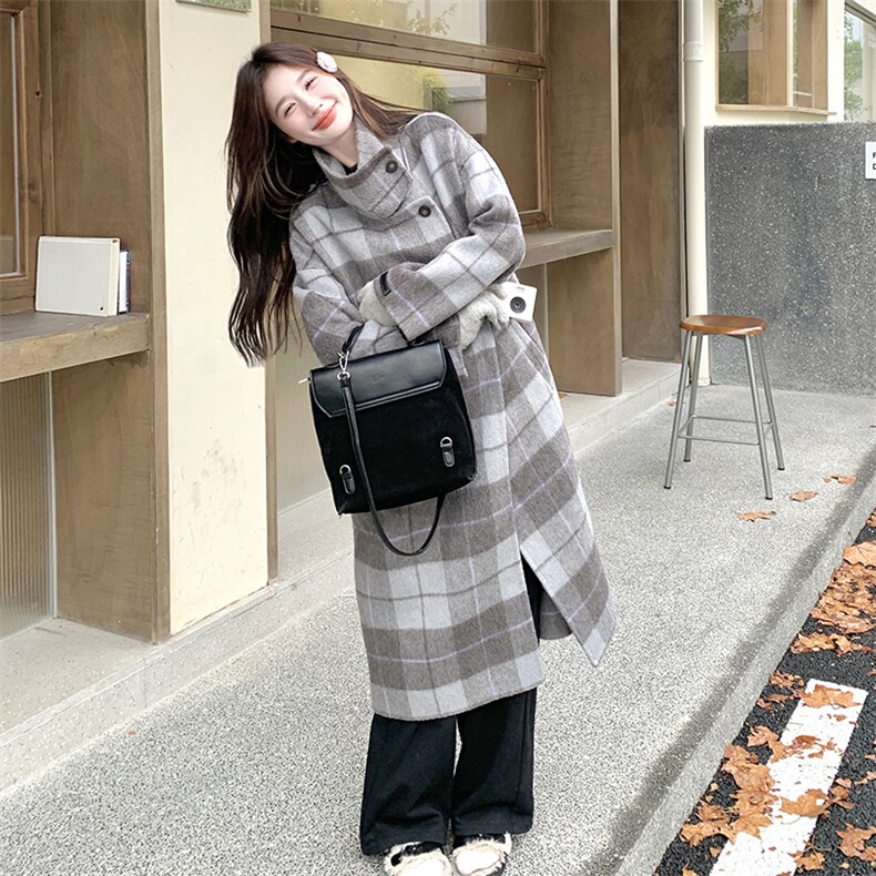 灰色格纹双面呢大衣女中长款2024冬季韩系设计感气质时尚毛呢外套,女装双面呢大衣,千千佰惠