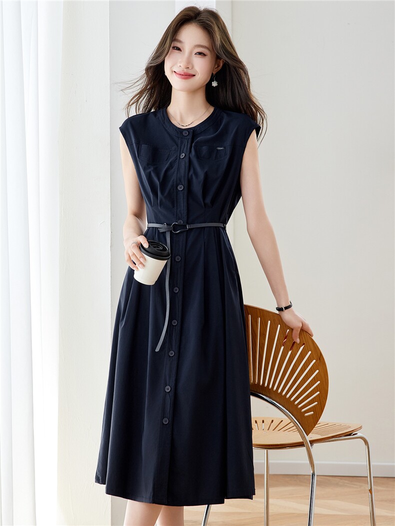 现货！藏青色中长款连衣裙女2026年夏季新款时尚气质优雅韩版裙子,女装连衣裙,沐七七