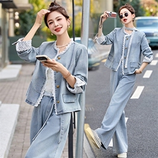 蕾丝拼接牛仔阔腿裤套装女春秋2025新款两件套独特绝美超火高级感，女装套装/套裙，2B115