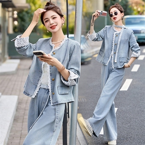 蕾丝拼接牛仔阔腿裤套装女春秋2025新款两件套独特绝美超火高级感图片