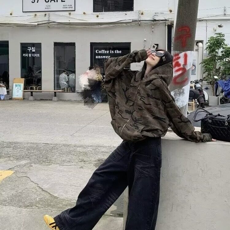 美式复古街头迷彩开衫连帽卫衣空降特种兵拉链外套,女装卫衣/绒衫,星座506A