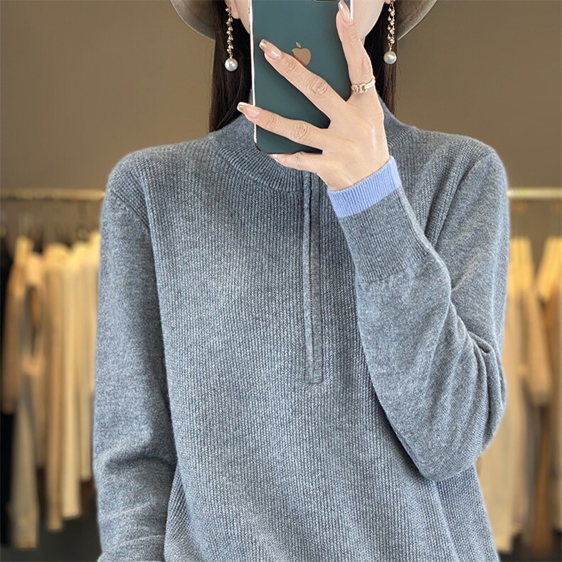 秋冬新款圆领拼色羊毛开衫外套女士洋气休闲宽松外搭针织减龄毛衣,女装羊毛衫,片语羊绒