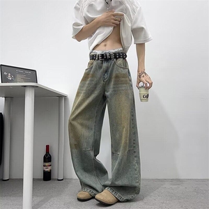美式复古水洗做旧脏染牛仔裤男宽松直筒拖地阔腿长裤cleanfit裤子,黑色颜色搭配色卡图片