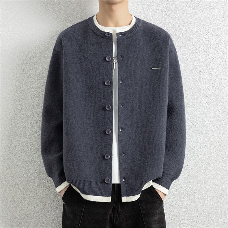 25862-特P62秋季时尚圆领毛衣开衫男针织衫纯色假两件宽松打底衫，男装针织衫/毛衣，电商D310B