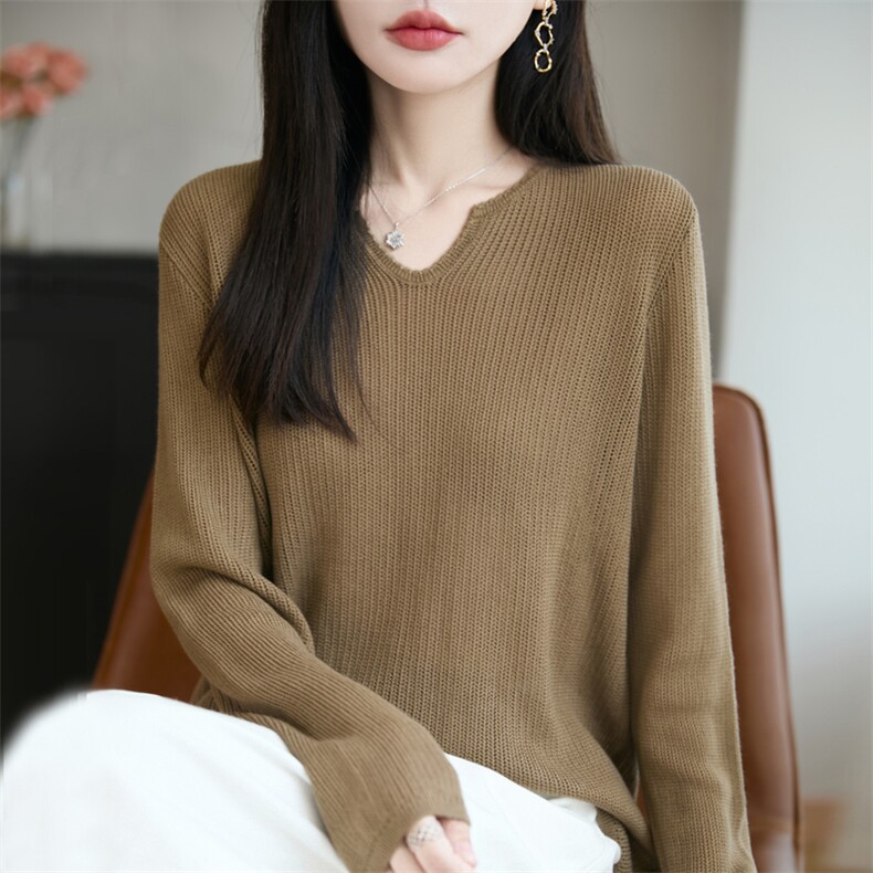 秋季新款纯色针织v镂空针织套头上衣时尚百搭,女装羊毛衫,九嘉羊绒