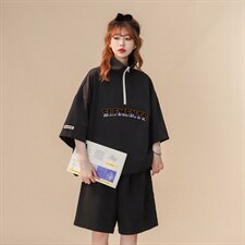 中性夏季潮牌半拉链字母运动休闲宽松情侣套装TZ754-P75控98，女装运动套装，A247A