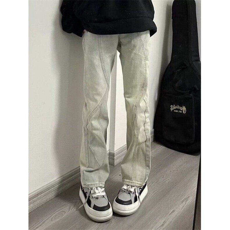 设计感分割水洗黄泥染牛仔裤女春秋美式高街窄版直筒裤N3059,男装牛仔裤,星座1116A（原606A-3）