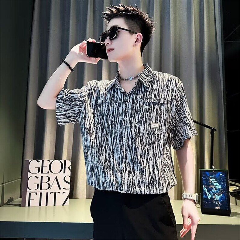 M625-P35复古衬衫夏装港风宽松趣味新款男装上衣,男装衬衫,星座617A-1（原B318A）