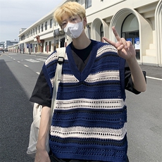 针织背心男韩版潮流条纹V领帅2024夏季新款ins宽松外套W4845-P35，男装背心/马甲，星座412-3
