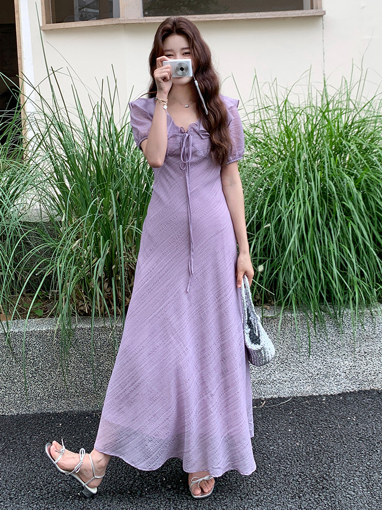 气质长款V领荷叶边温柔连衣裙女夏季2025文艺日系绝美高级感长裙,女装连衣裙,浙宝305