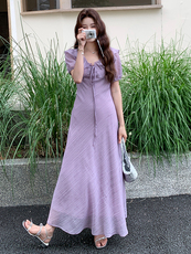 气质长款V领荷叶边温柔连衣裙女夏季2025文艺日系绝美高级感长裙，女装连衣裙，浙宝305