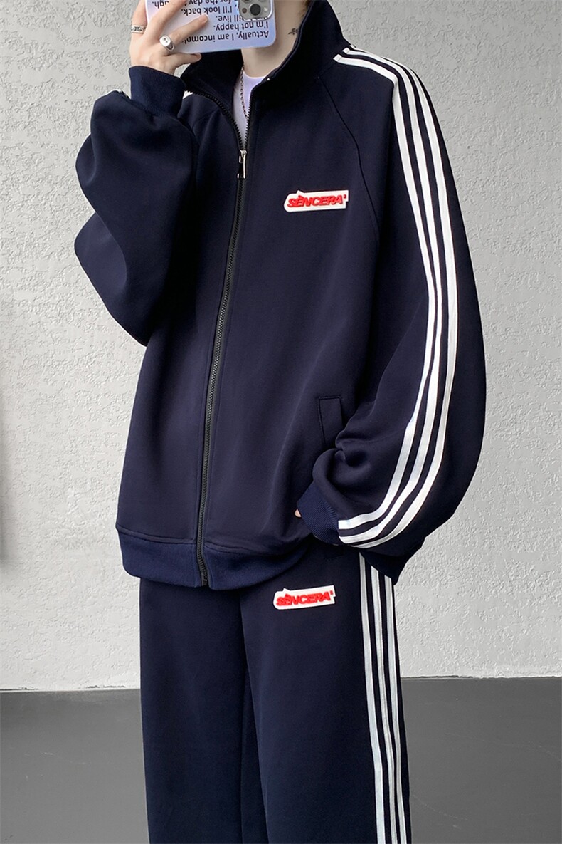 8XL-M条纹撞色开衫新年红卫衣运动套装潮牌运动服校园风TZ114P118,男装休闲套装,电商D206-1