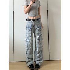 【有货】浅蓝色多口袋工装牛仔裤男款宽松美式裤子K8034LL-特P56，男装牛仔裤，星座1007（原301D）