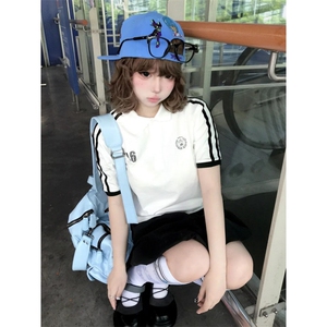 H0937-P35三杠学院风polo衫设计感翻领宽松短袖t恤男女同款图片
