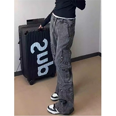 高质量美式复古工装牛仔裤大码女装2024新款宽松休闲阔腿拖地裤，男装牛仔裤，星座506A