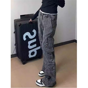 高质量美式复古工装牛仔裤大码女装2024新款宽松休闲阔腿拖地裤图片
