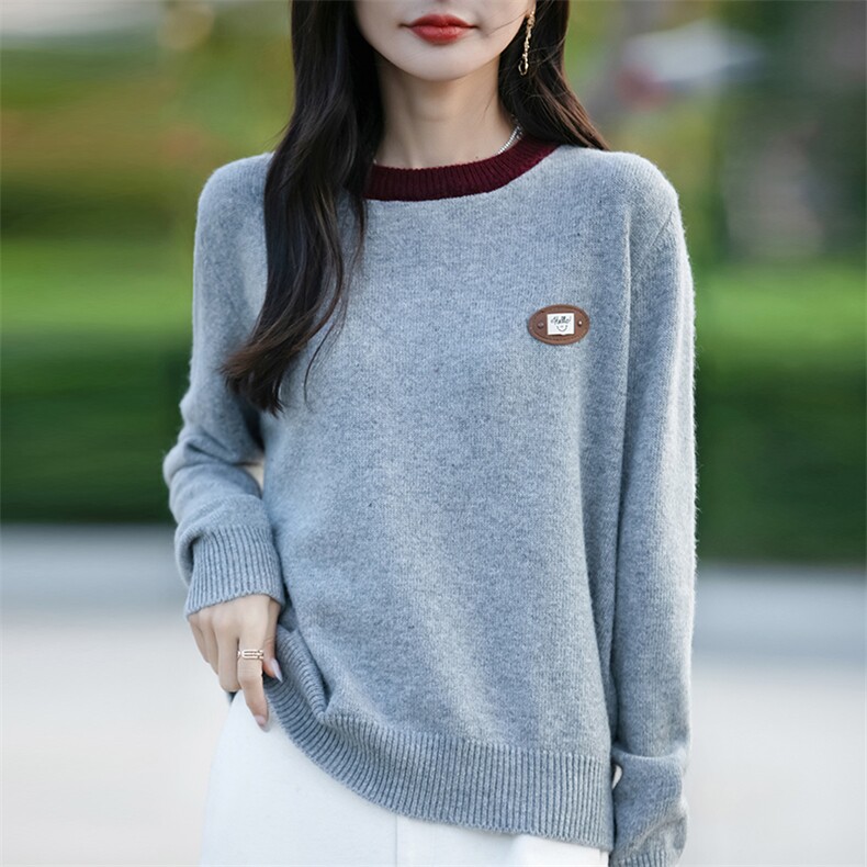 断码清仓新女圆领拼色刺绣加厚针织羊毛衫宽松打底衫,针织衫/毛衣,佳绒包芯纱店