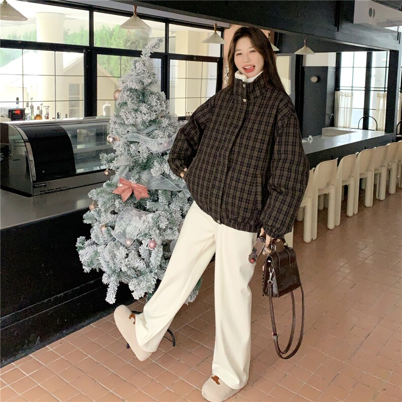 复古格子羊羔毛翻领羽绒服女2025冬季短款加厚面包服宽松保暖外套,女装羽绒服,艾米莉亚