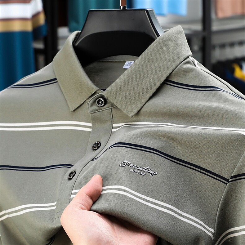 夏季Polo衫男2024新款商务时尚宽松百搭休闲翻领条纹短袖男士上衣，男装Polo衫，电商B212（原钱塘6029）