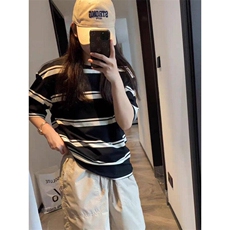 夏季新款日系复古条纹短袖t恤潮牌宽松圆领体恤休闲上衣WLA72-P38，男装T恤，星座1008
