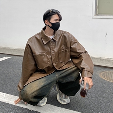 港风翻领pu皮面料皮衣男潮流休闲宽松皮衣外套男77107P78控108，男装皮衣，星座227-7