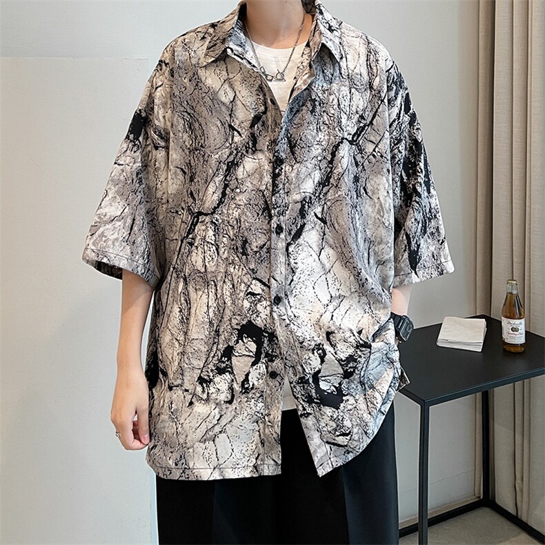 夏季豹纹短袖衬衫男女ins五分袖冰丝衬衣夜店潮A071-C59-P38,男装T恤,电商A071
