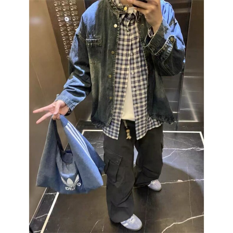 美式复古水洗毛边圆领牛仔外套女2025春秋新款高级感宽松夹克上衣，男装工装外套，四季星座505