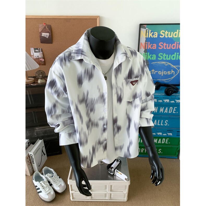 新中式国风水墨扎染长袖衬衫男秋季潮牌轻奢宽松大码痞帅衬衣外套，男装衬衫，星座230-1