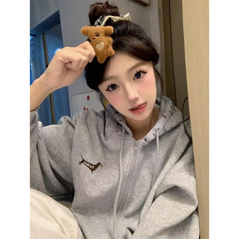 阿于呆日系连帽纯色卫衣外套男秋冬宽松复古百搭简约开衫夹克女潮,男装夹克,星座506A