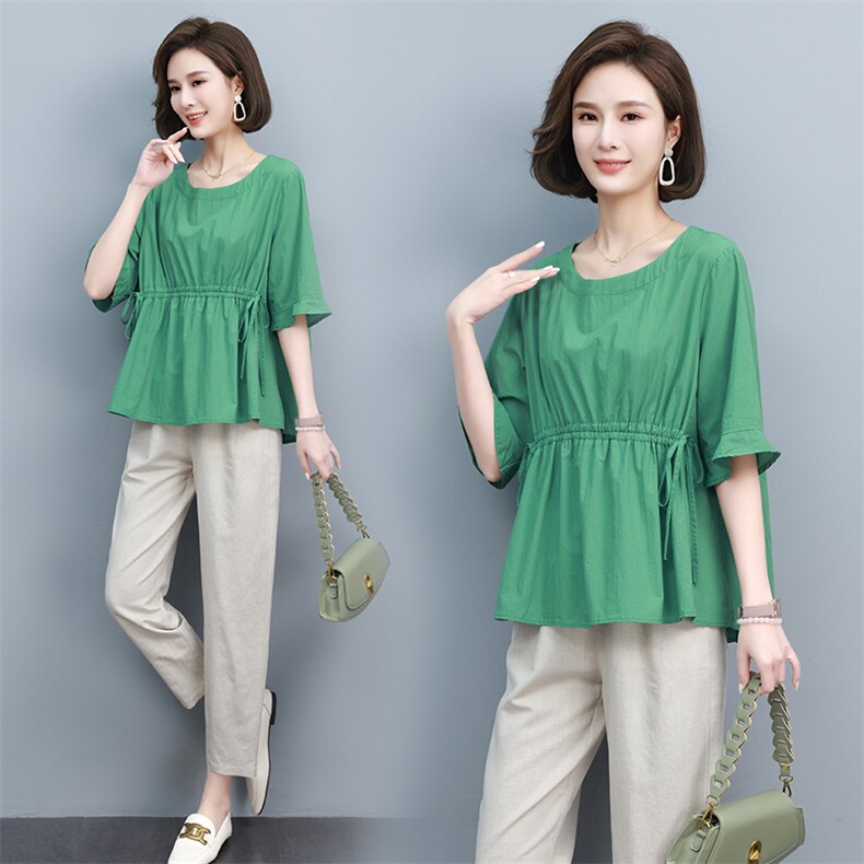 妈妈短袖2025年新款夏装洋气纯棉上衣休闲宽松亚麻裤子，女装T恤，涵誉