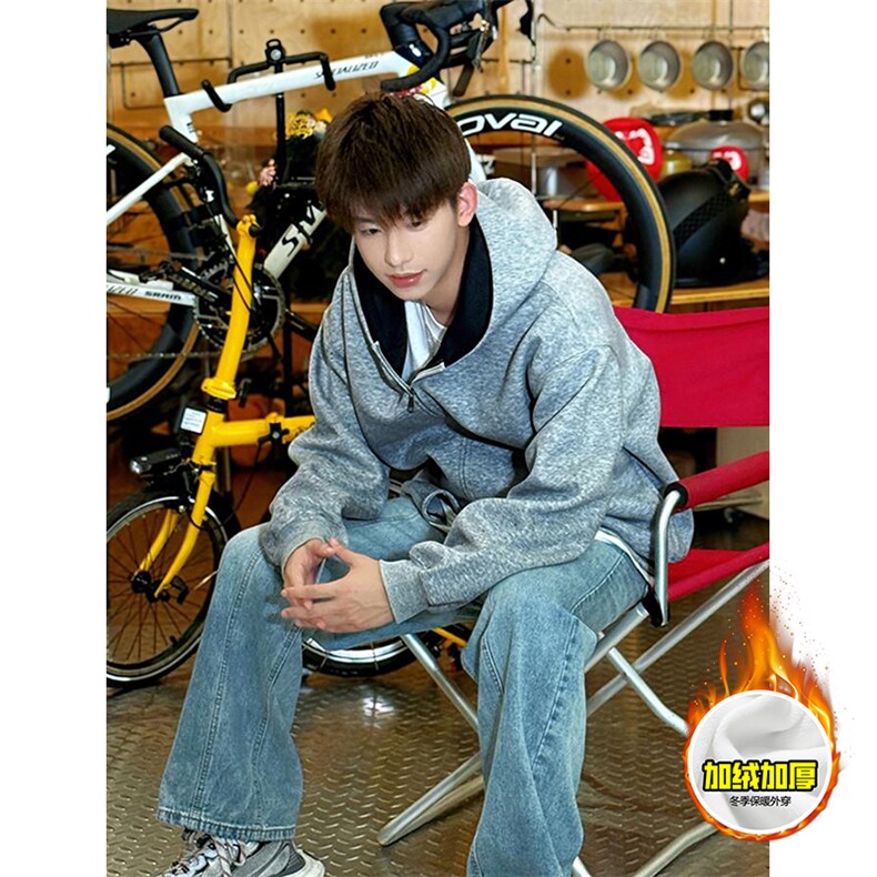 480G重磅加绒硬挺boxy男女秋冬美式高街结构双面连帽卫衣开衫外套，女装短外套，电商A486