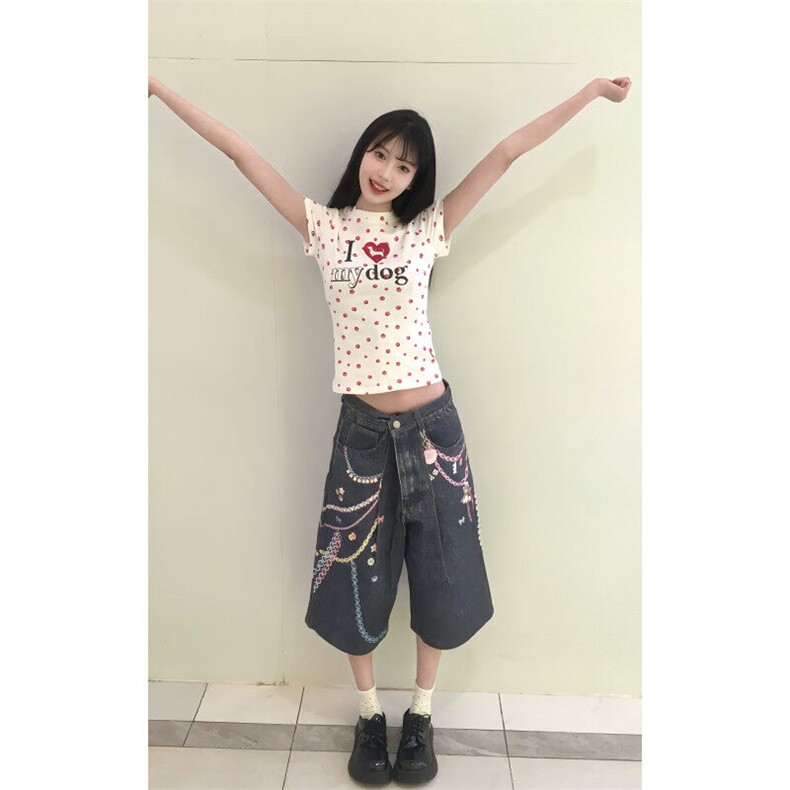 【有货】N1241CC-特P53美式3D链条彩色印花七分牛仔短裤男女,男装牛仔裤,星座1007（原301D）