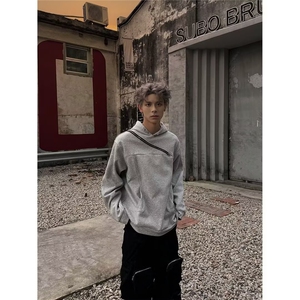 潮连帽卫衣男女春秋拼接解构不规则斜拉链情侣工装重磅痞帅外套图片