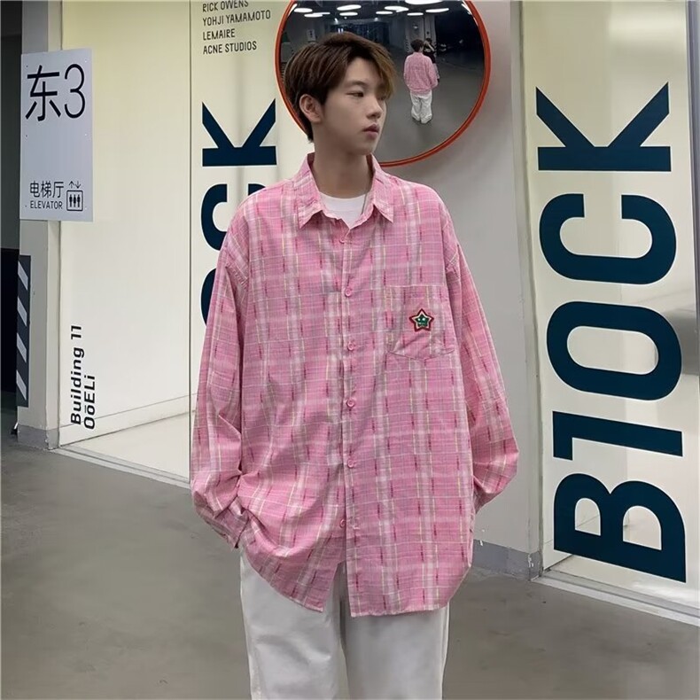 格子衬衫男2024春秋季高级设计感长袖衬衣日系阳光情侣装外套,男装衬衫,星座716-2