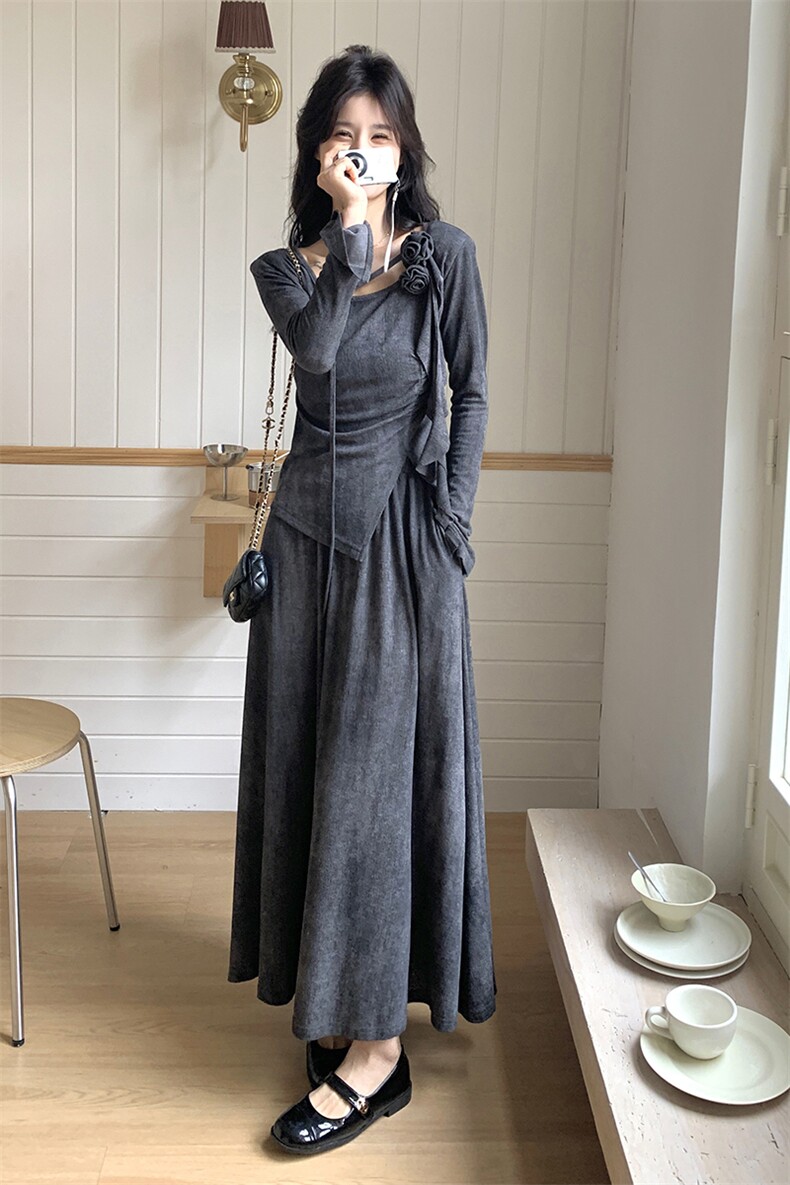 U型领半身裙两件套2025年春款新款套裙不规则上衣配半身裙HZ0674,女装套装/套裙,灵力轩