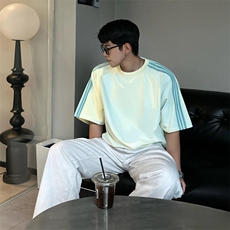 抖音得物品质二开240克宽松纯棉美式潮牌印花三条杠中性风短袖T恤，男装T恤，电商A486-1