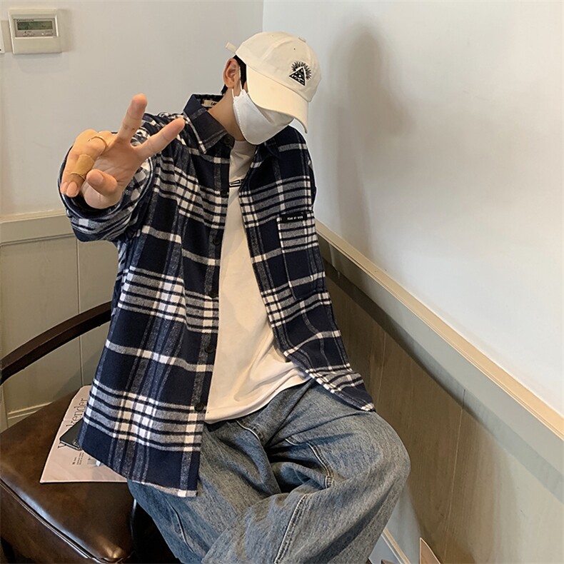 22春秋季新款厚格子衬衫男外套宽松休闲痞帅上衣DX155P55控78,男装衬衫,电商B413-1
