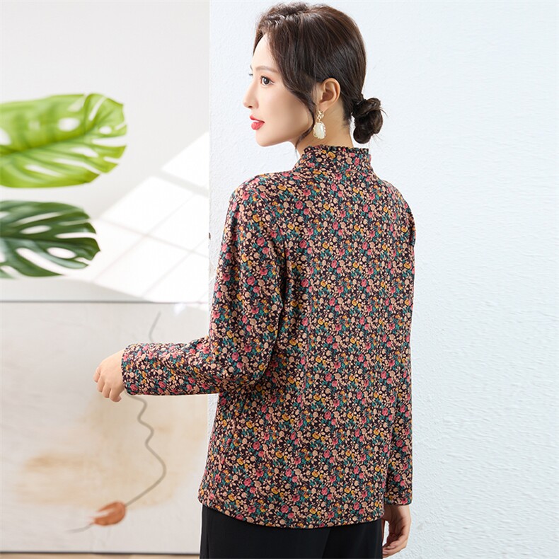 妈妈秋冬碎花打底衫女2024新款时尚洋气立领加绒加厚长袖t恤,女装大码女装,奕阳依阁
