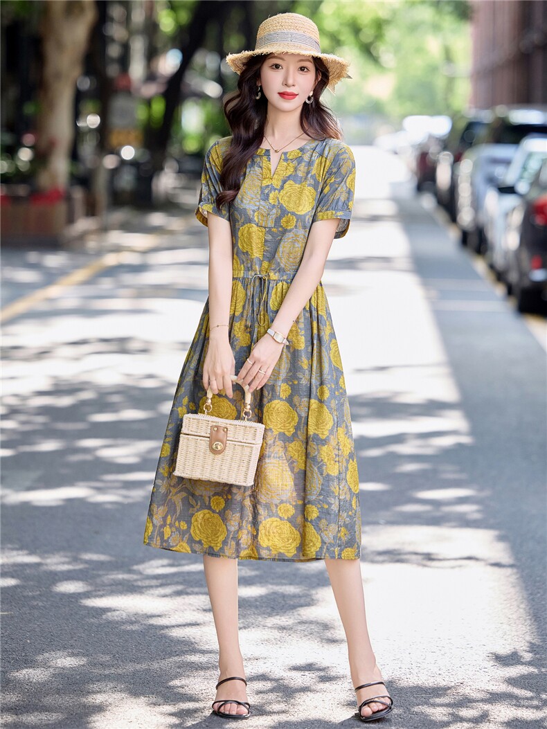 气质玫瑰印花棉麻连衣裙女2026夏季新款洋气减龄休闲收腰显瘦裙子,女装连衣裙,倪叶myz