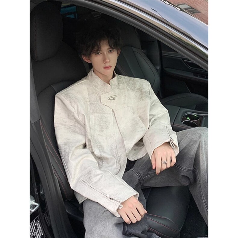 JK8552-P79美式覆古立领垫肩皮衣外套男士春季新款潮PU机车服，男装皮衣，电商B323A