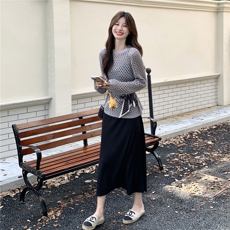 设计感镂空针织衫套装女2025早秋新款吊带背心裙两件套,女装连衣裙,维壹