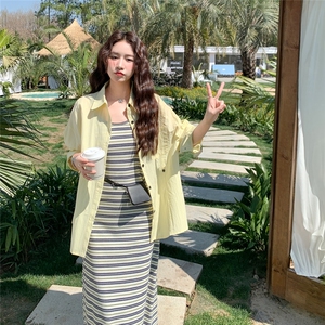 【新款有货】韩系条纹吊带连衣裙衬衫两件套2c213-2569-P145-k198图片