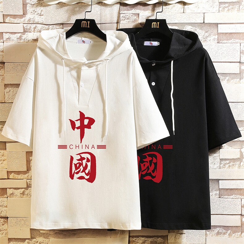 LD54198-P45连帽短袖t恤男大码胖子带帽五分袖中袖砖墙挂拍,男装T恤,电商A040A