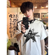 夏季美式高街重磅纯棉三条杠织带撞色男女短袖T恤ZD520-特P30，男装T恤，电商A486