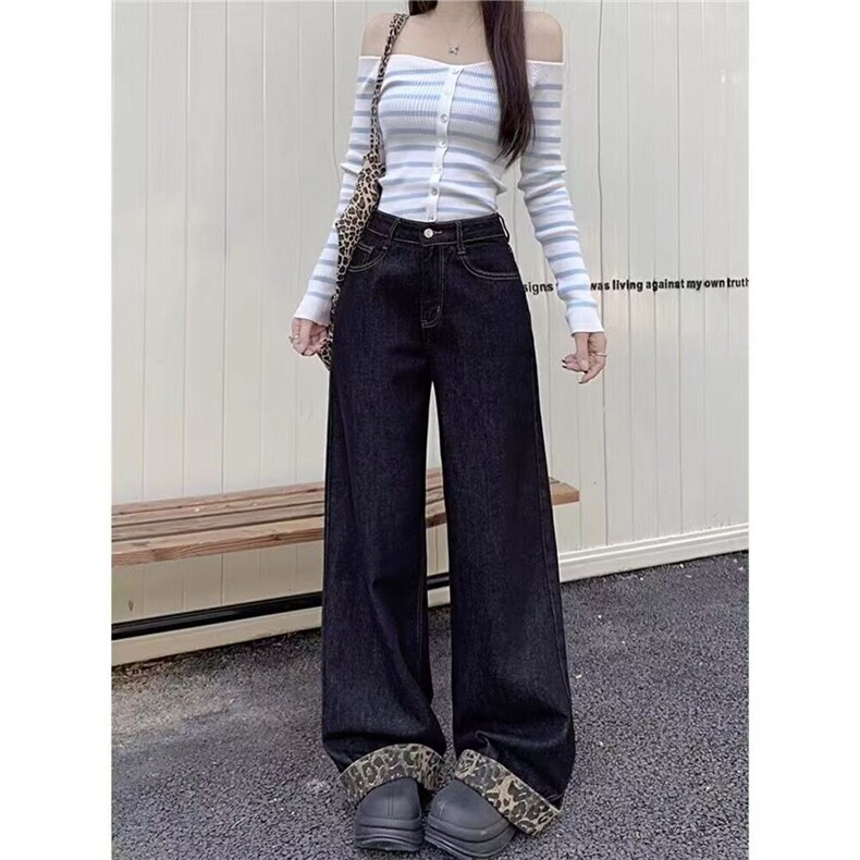 慵懒松弛感豹纹拼接卷边牛仔裤男女新款高腰直筒拖地阔腿裤NK117,男装牛仔裤,星座1116A（原606A-3）