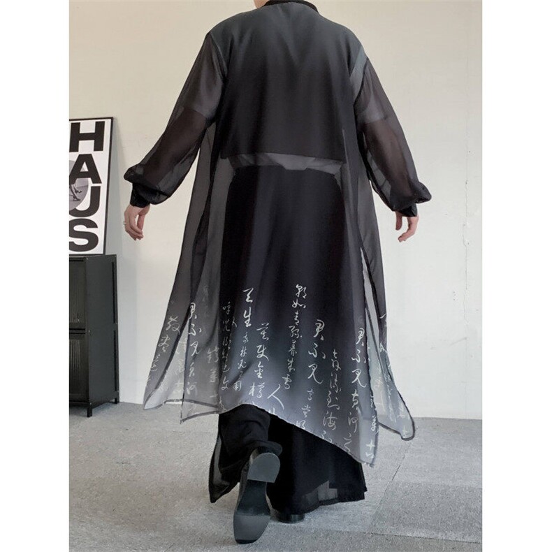 夏装新中式墨色书法披风大码男女无性别风长款长衫风衣衬衣图片