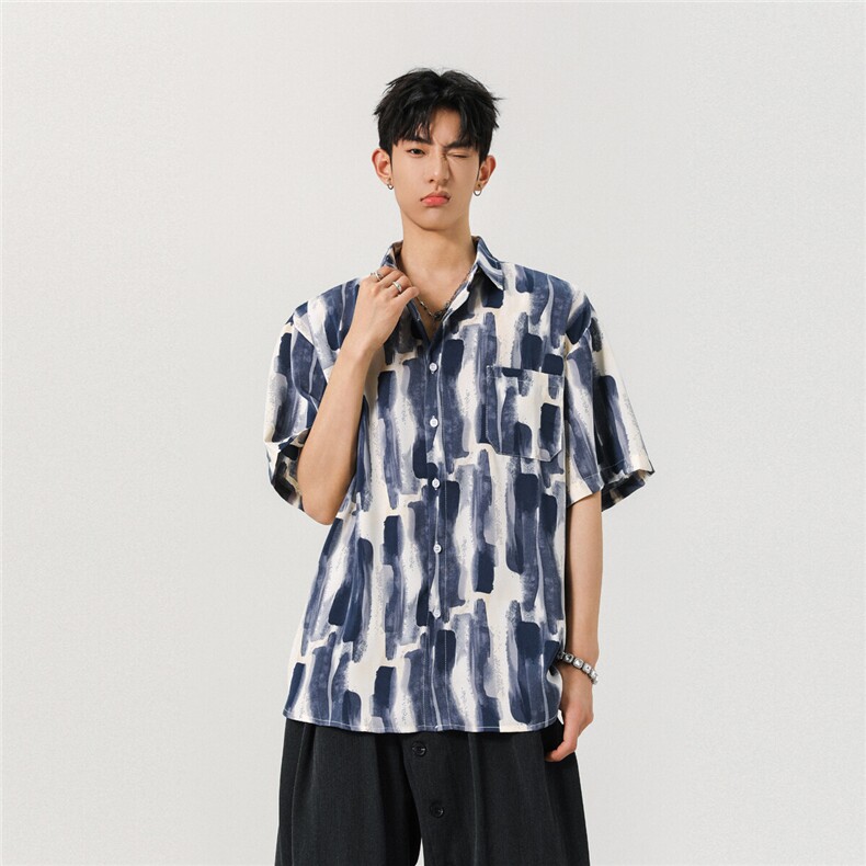 冰丝扎染面料：聚酯纤维M-5XL大码短袖衬衫男DCS78033P35控58,男装衬衫,星座226-1