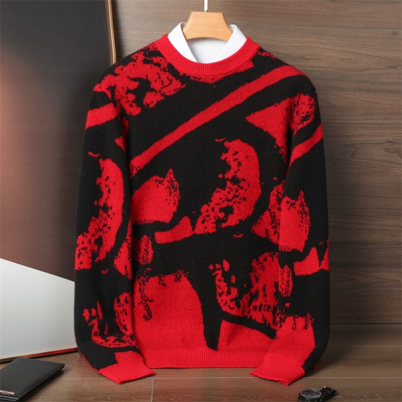 男士新款羊毛衫男式圆领修身个性潮流花纹休闲百搭套头短款加厚，男装羊毛衫，木淼羊绒